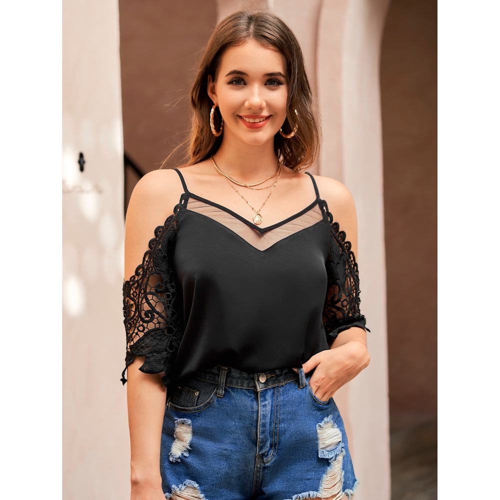 (CL) Black‎ Crochet Lace Cold Shoulder Mesh V-Neck Blouse XXL Plus Size Top